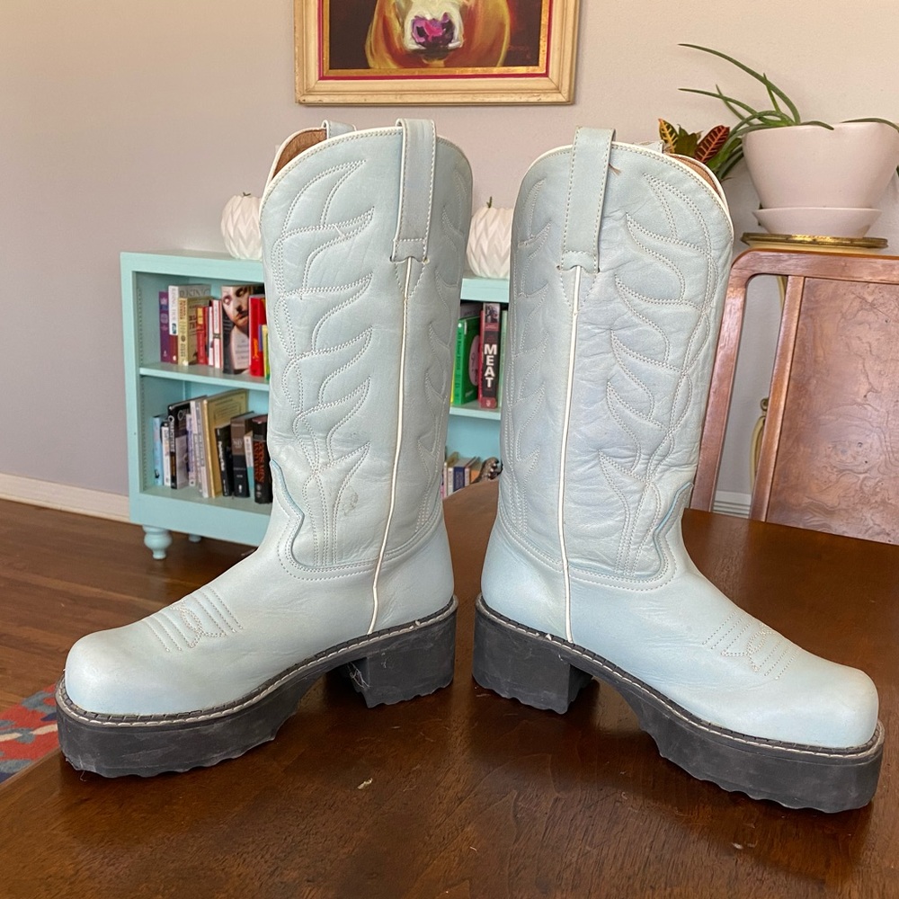 Baby Blue Cowboy High John Fluevog Platform Cowboy Boot